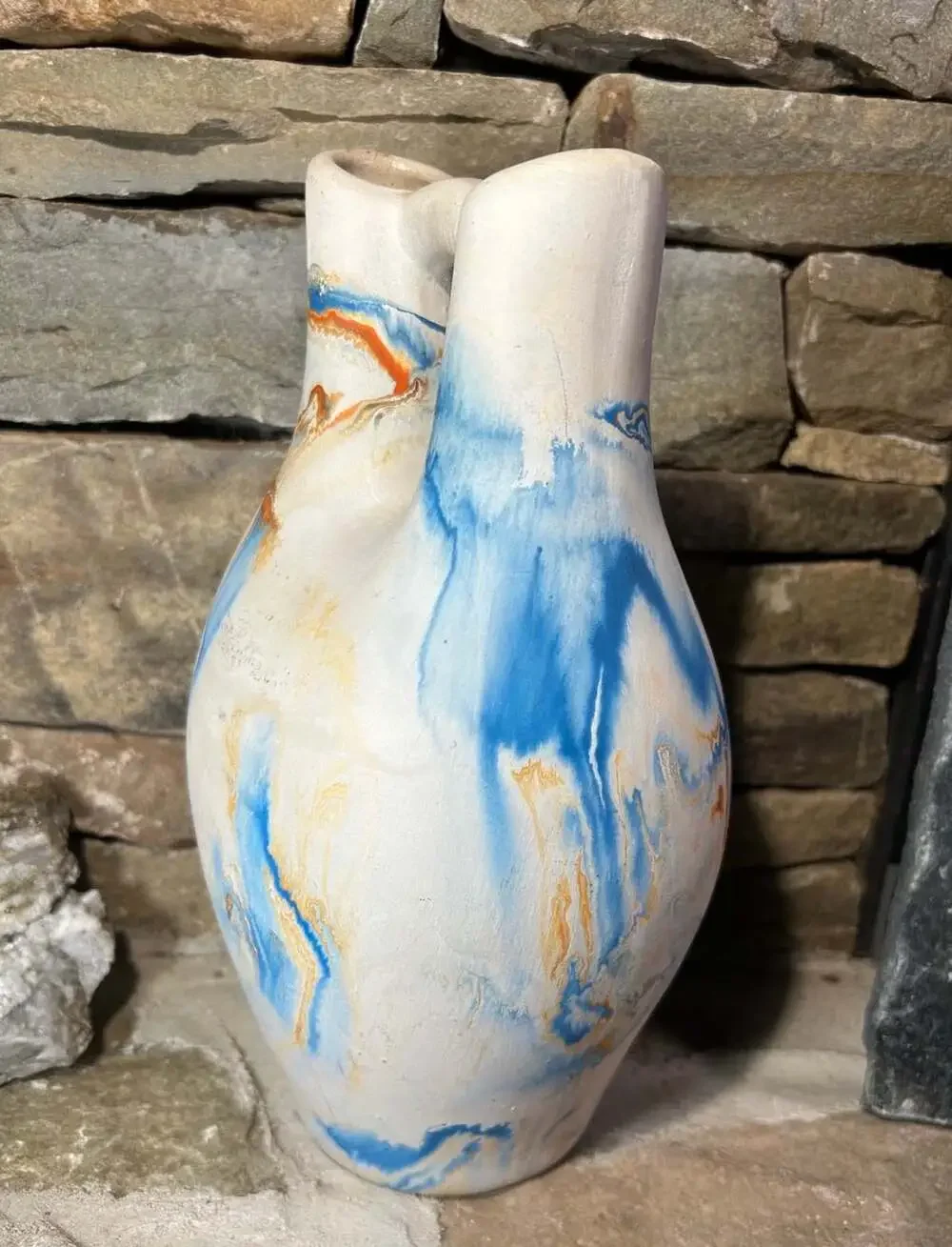 Vintage NEMADJI American Pottery Wedding Vase 11” Tall Blue Rust  made in USA